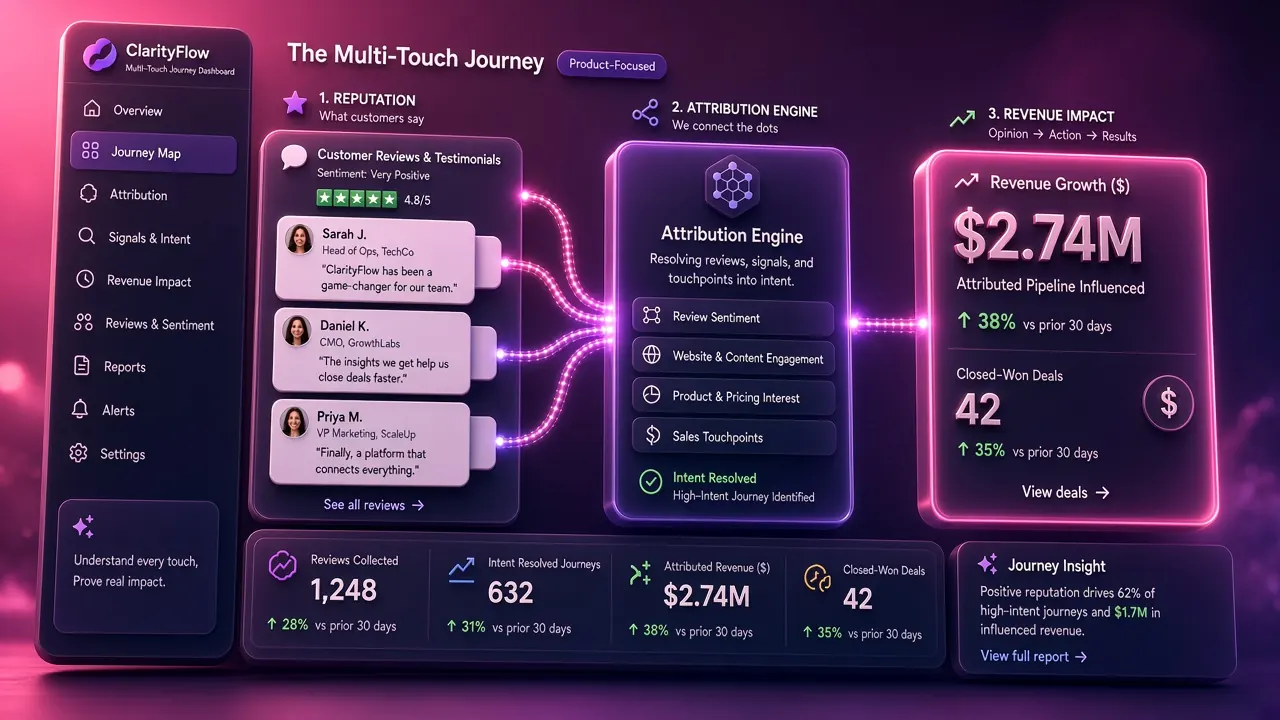 Reputation and revenue intelligence dashboard with customer reviews and attribution data