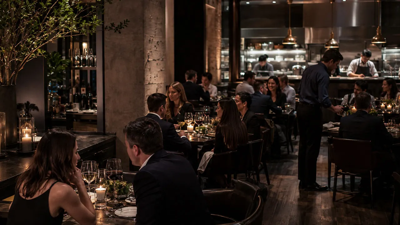 Guests dining in a busy upscale restaurant supported by hospitality revenue systems
